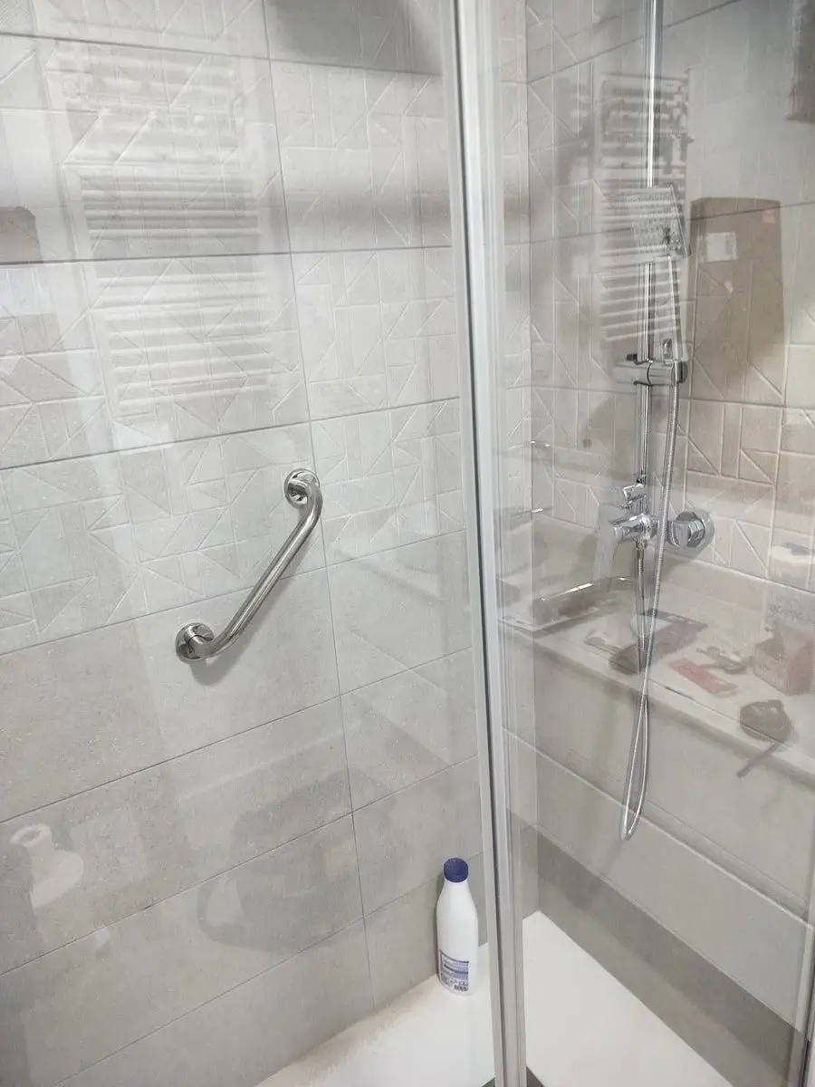 Ducha con mampara y barra de apoyo instalada